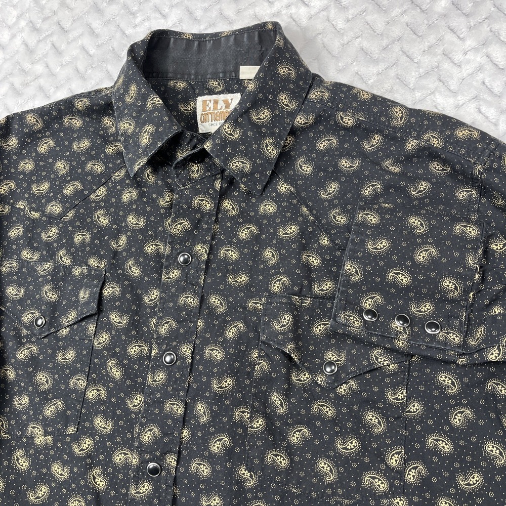 Ely Cattleman‎ Shirt L Black Paisley Western Pearl Snap Cowboy Rodeo